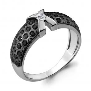 Кольцо из белого золота AQUAMARINE с бриллиантом и чёрным бриллиантом 963567Ч фото