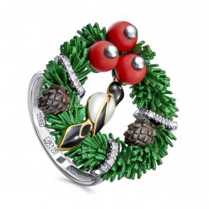 Кольцо из белого золота KABAROVSKY с бриллиантом, керамикой, эмалью и кораллом K11-1870-3201 фото