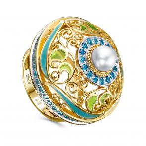 Кольцо из лимонного серебра KABAROVSKY с жемчугом Swarovski, фианитом и витражной эмалью K11-421-1501 фото