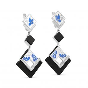 Серебряные серьги KABAROVSKY с фианитом, эмалью и деревом Граб K12-569-80001 фото