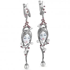 Серьги из белого золота KABAROVSKY с бриллиантом, жемчугом, топазом Swarovski и финифтью K2-1103-8522 фото