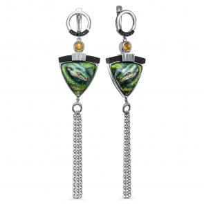 Серебряные серьги Символ года Змея KABAROVSKY с цитрином  фианитом  дерево грабом и финифтью K2-139-80090 фото