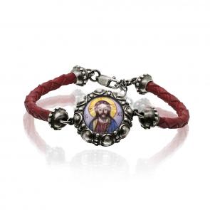 Кожаный шнурок с декоративным элементом из черненого серебра Господь Вседержитель KABAROVSKY с финифтью K4-064-90383 фото