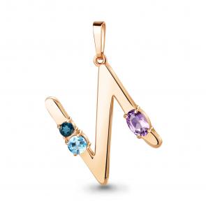 Подвеска-буква И из золочёного серебра AQUAMARINE с аметистом и топазом А2535641-п фото