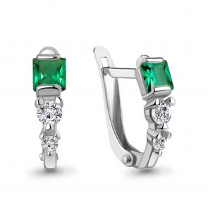 Серебряные серьги AQUAMARINE с фианитом и гидротермальным изумрудом А400320АГ фото