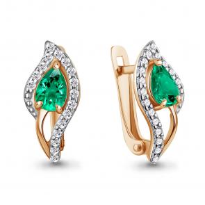 Серьги из золочёного серебра AQUAMARINE с фианитом и гидротермальным изумрудом А400324АГ-п фото