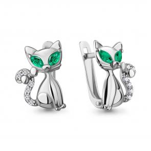 Серебряные серьги AQUAMARINE с фианитом и гидротермальным изумрудом А400515АГ фото