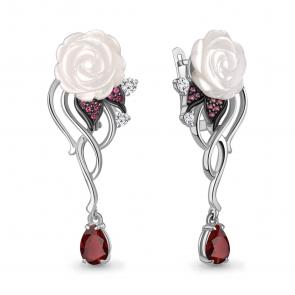 Серебряные серьги AQUAMARINE с фианитом, гранатом, рубиновым корундом и перламутром А40054603АВ фото