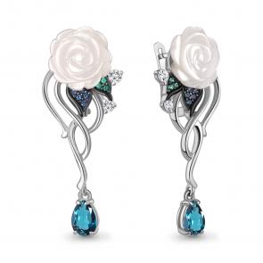 Серебряные серьги AQUAMARINE с фианитом, гидротермальным сапфиром, гидротермальным изумрудом, Лондон топазом и перламутром А40054608АБГ фото