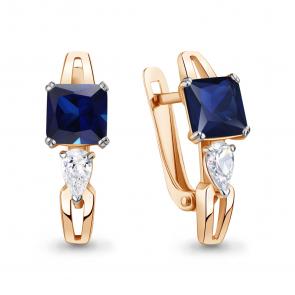 Серьги из золочёного серебра AQUAMARINE с фианитом и гидротермальным сапфиром А400565Н-п фото