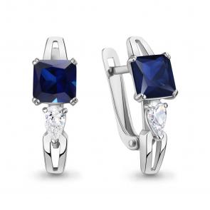 Серебряные серьги AQUAMARINE с фианитом и гидротермальным сапфиром А400565Н фото