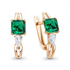 Серьги из золочёного серебра AQUAMARINE с фианитом и гидротермальным изумрудом А400565П-п фото