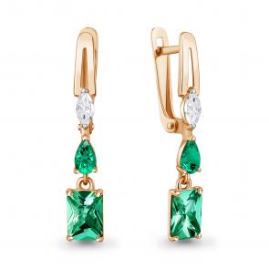 Серьги из золочёного серебра AQUAMARINE с фианитом и гидротермальным изумрудом А400617П-п фото