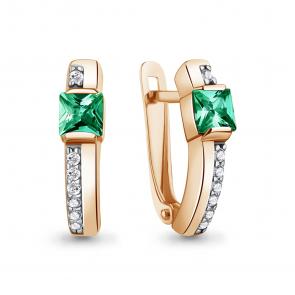 Серьги из золочёного серебра AQUAMARINE с фианитом и гидротермальным изумрудом А400631АГ-п фото