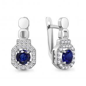 Серебряные серьги AQUAMARINE с фианитом и гидротермальным сапфиром А400878АБ фото