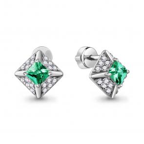 Серебряные серьги AQUAMARINE с фианитом и гидротермальным изумрудом А400966АГ фото