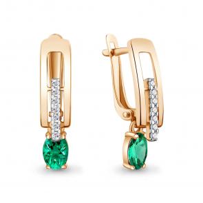 Серьги из золочёного серебра AQUAMARINE с фианитом и гидротермальным изумрудом А401119АГ-п фото
