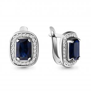Серебряные серьги AQUAMARINE с фианитом и гидротермальным сапфиром А42902Б фото