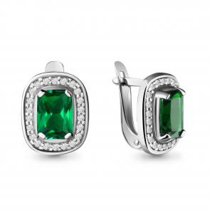 Серебряные серьги AQUAMARINE с фианитом и гидротермальным изумрудом А42902Г фото