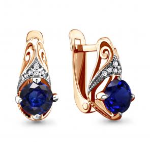 Серьги из золочёного серебра AQUAMARINE с фианитом и гидротермальным сапфиром А42984Б-п фото