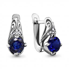 Серебряные серьги AQUAMARINE с фианитом и гидротермальным сапфиром А42984Б фото