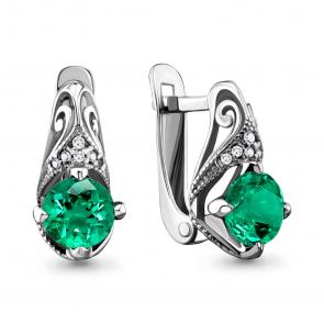 Серебряные серьги AQUAMARINE с фианитом и гидротермальным изумрудом А42984Г фото