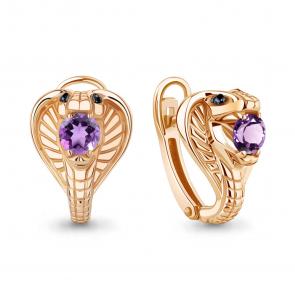 Серьги из золоченого серебра Символ года Змея AQUAMARINE с аметистом и ювелирным кристаллом А4320004Ч-п фото
