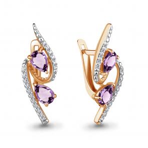 Серьги из золочёного серебра AQUAMARINE с фианитом и аметистом А4322904А-п фото