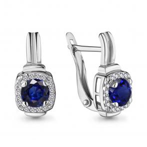 Серебряные серьги AQUAMARINE с фианитом и гидротермальным сапфиром А43422АБ фото