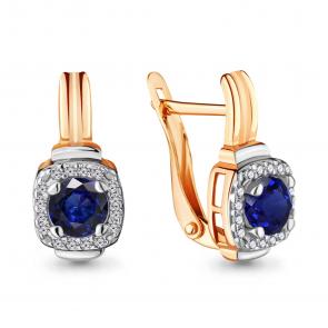 Серьги из золочёного серебра AQUAMARINE с фианитом и гидротермальным сапфиром А43422Б-пк фото
