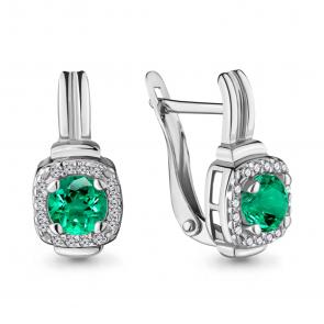 Серебряные серьги AQUAMARINE с фианитом и гидротермальным изумрудом А43422Г фото