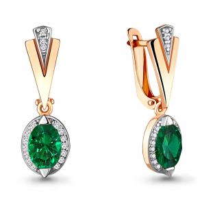 Серьги из золочёного серебра AQUAMARINE с фианитом и гидротермальным изумрудом А43879Г-пк фото