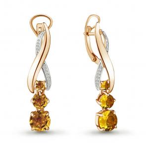 Серьги из золочёного серебра AQUAMARINE с фианитом и цитрином А4431606А-п фото