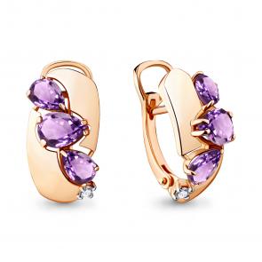 Серьги из золочёного серебра AQUAMARINE с фианитом и аметистом А4490204-п фото