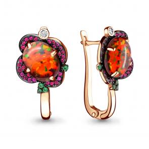 Серьги из золочёного серебра AQUAMARINE с фианитом, опалом, гидротермальным изумрудом и ювелирным кристаллом А4498487ВГ-п фото