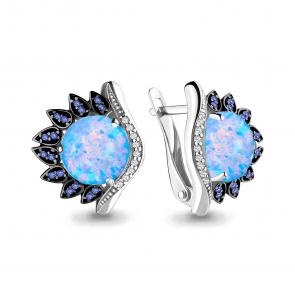 Серебряные серьги AQUAMARINE с фианитом, опалом и гидротермальным сапфиром А4499797Б фото