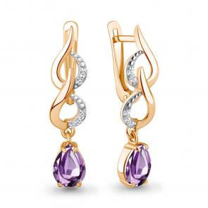Серьги из золочёного серебра AQUAMARINE с фианитом и аметистом А45000404А-п фото