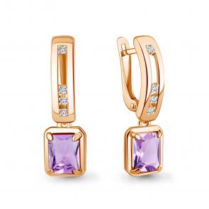 Серьги из золочёного серебра AQUAMARINE с фианитом и аметистом А45011404-п фото