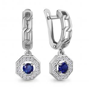 Серебряные серьги AQUAMARINE с фианитом и гидротермальным сапфиром А450123АБ фото