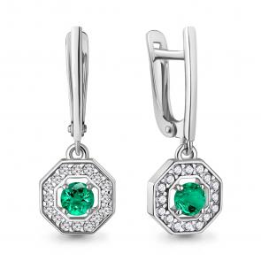 Серебряные серьги AQUAMARINE с фианитом и гидротермальным изумрудом А450124АГ фото