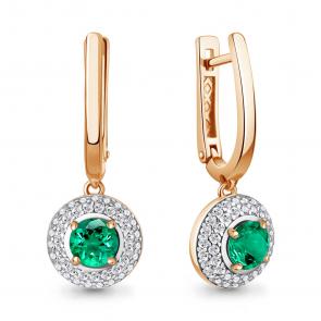 Серьги из золочёного серебра AQUAMARINE с фианитом и гидротермальным изумрудом А450132АГ-п фото