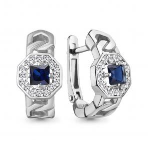 Серебряные серьги AQUAMARINE с фианитом и гидротермальным сапфиром А450133АБ фото