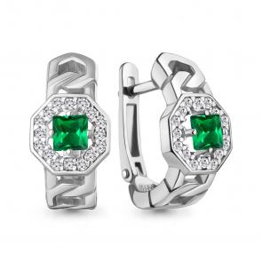 Серебряные серьги AQUAMARINE с фианитом и гидротермальным изумрудом А450133АГ фото