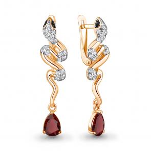 Серьги Символ года Змея из золоченого серебра AQUAMARINE с гранатом,фианитом и ювелирным кристаллом А45018003АЧ-п фото