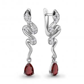 Серебряные серьги Символ года Змея AQUAMARINE с фианитом,гранатом и ювелирным кристаллом А45018003АЧ фото