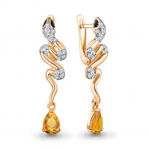 Серьги Символ года Змея из золоченого серебра AQUAMARINE с фианитом,цитрином и ювелирным кристаллом А45018006АЧ-п фото