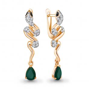 Серьги Символ года Змея из золоченого серебра AQUAMARINE с агатом,фианитом и ювелирным кристаллом А45018009АЧ-п фото