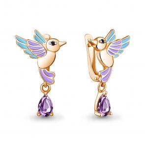 Серьги из золочёного серебра AQUAMARINE с аметистом, эмалью и ювелирным кристаллом А45026704Ч-п фото