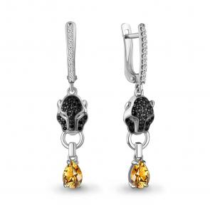 Серебряные серьги AQUAMARINE с фианитом, цитрином, гидротермальным изумрудом и ювелирным кристаллом А45027706АГЧ фото