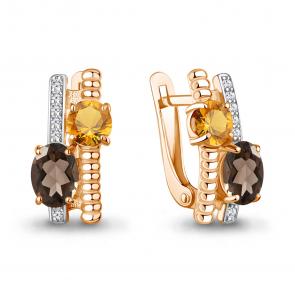 Серьги из золочёного серебра AQUAMARINE с фианитом, цитрином и кварцем А45028635А-п фото